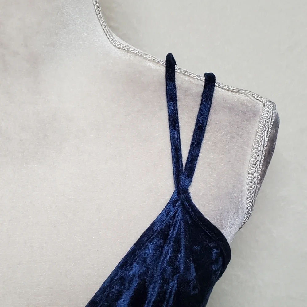 Vintage Petra Fashions Blue Crushed Velvet Double Strap Fit & Flare Mini Dress L - Picture 6 of 15